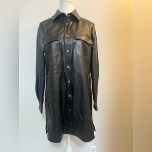Anne Klein Black Faux Leather Long Shirt Jacket Snap Button Shacket Size S